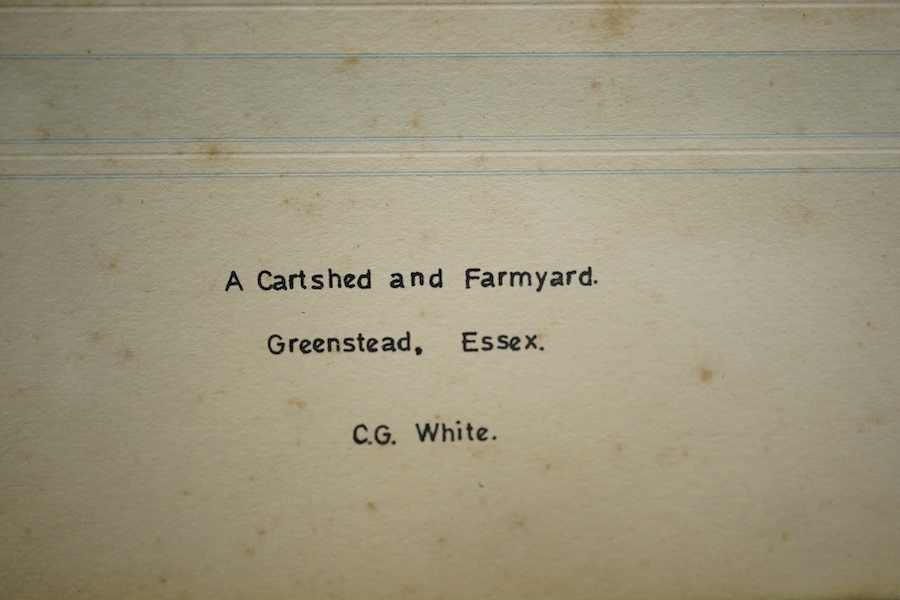 C G White (19th. C), watercolour, A cart shed and farmyard, Greenstead, Essex, unsigned, inscribed to the mount, 15.5 x 23cm. Condition - poor to fair, spots of foxing